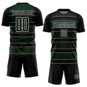 Camiseta de fútbol personalizada con sublimación de líneas y formas geométricas en negro, verde y blanco