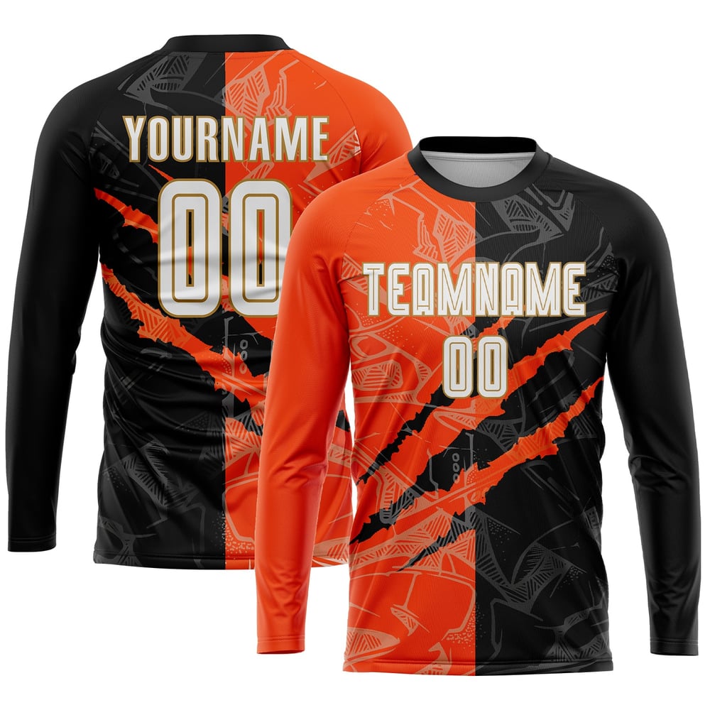 Uniform Pattern Custom Black Gold Soccer Graffiti Scratch Orange-Old White Sublimation Jersey