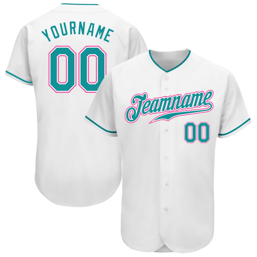 Camiseta de béisbol personalizada auténtica en color verde azulado y rosa, blanca