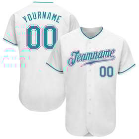 Camiseta de béisbol personalizada auténtica en color verde azulado y rosa, blanca