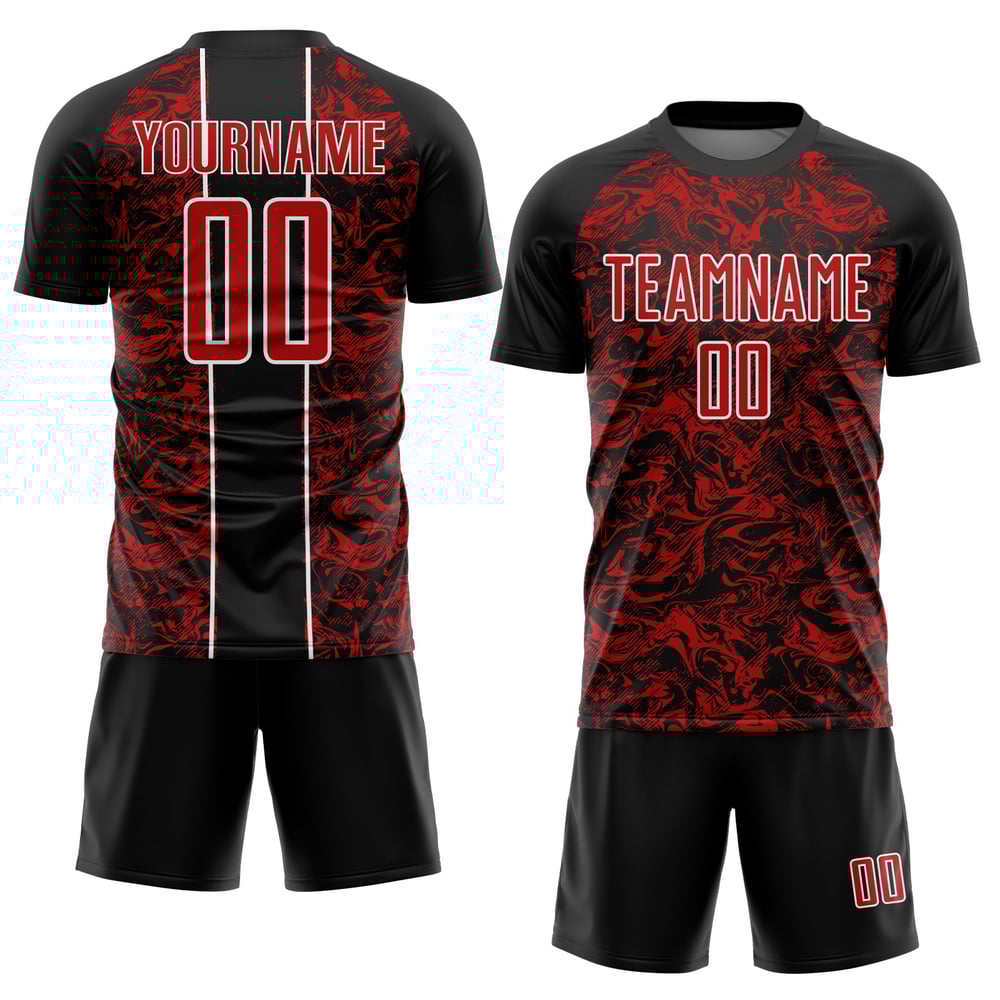 Camiseta de sublimación personalizada de uniforme de fútbol negro abstracto rojo-blanco fluido