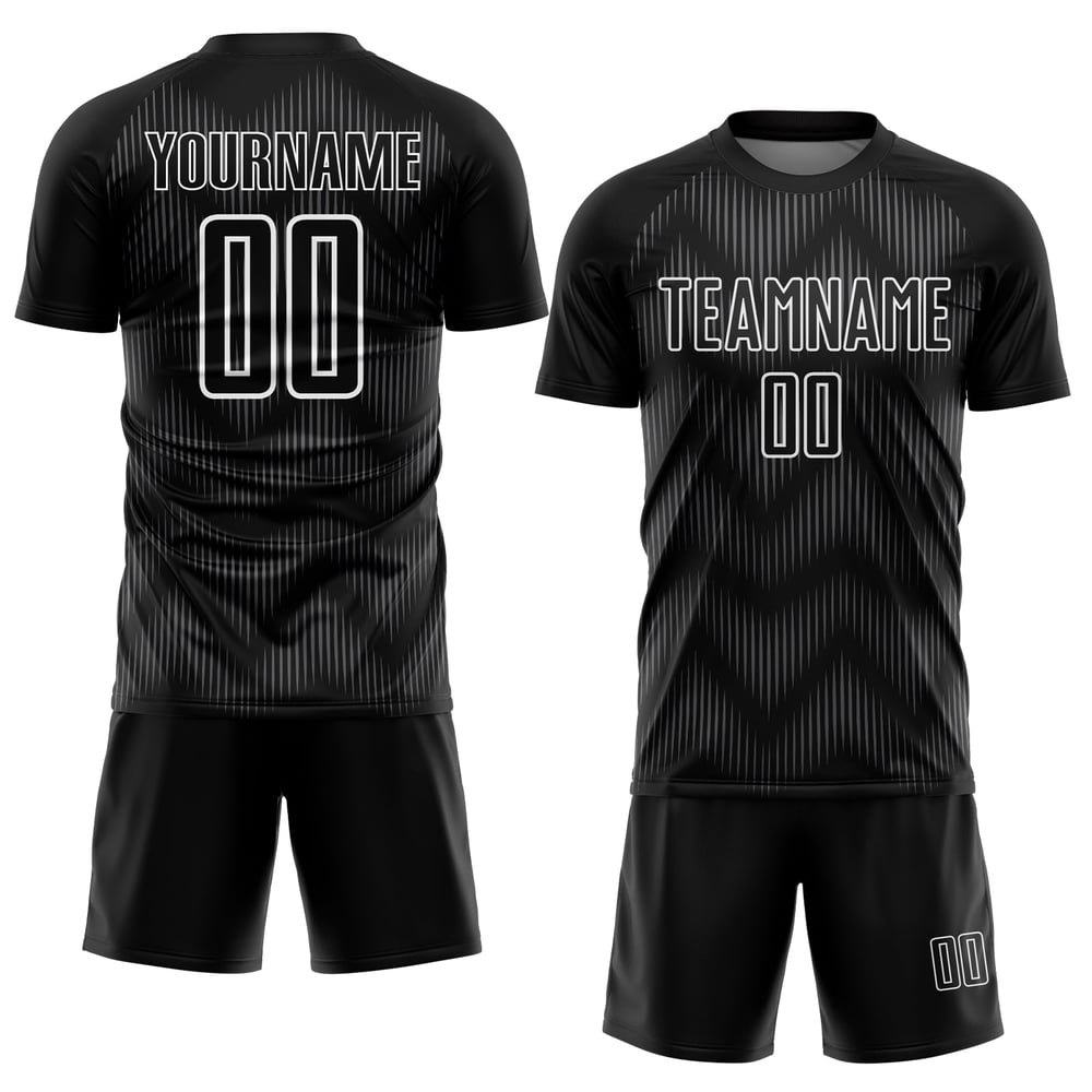Camiseta de fútbol sublimada personalizada, uniforme de acero, línea negra, gris y blanco