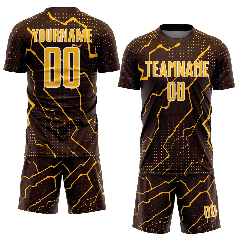 Maglia da calcio sportiva Lightning Brown personalizzata, oro e bianca, uniforme da sublimazione