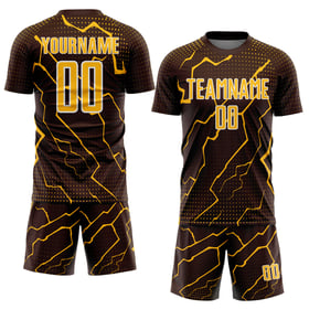 Maglia da calcio sportiva Lightning Brown personalizzata, oro e bianca, uniforme da sublimazione
