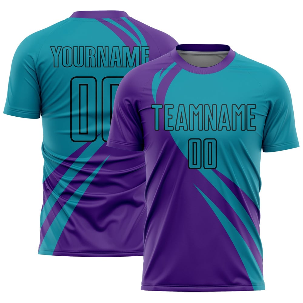 Camiseta de fútbol personalizada con líneas de sublimación, color verde azulado y negro, curva morada