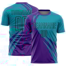 Camiseta de fútbol personalizada con líneas de sublimación, color verde azulado y negro, curva morada