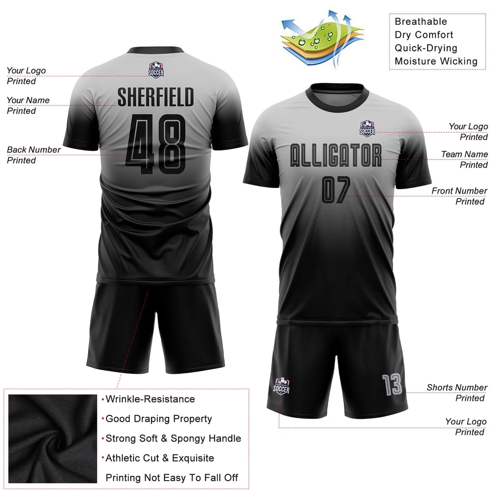 Custom Soccer Black Fashion Sublimation Fade Jersey Uniform Gray