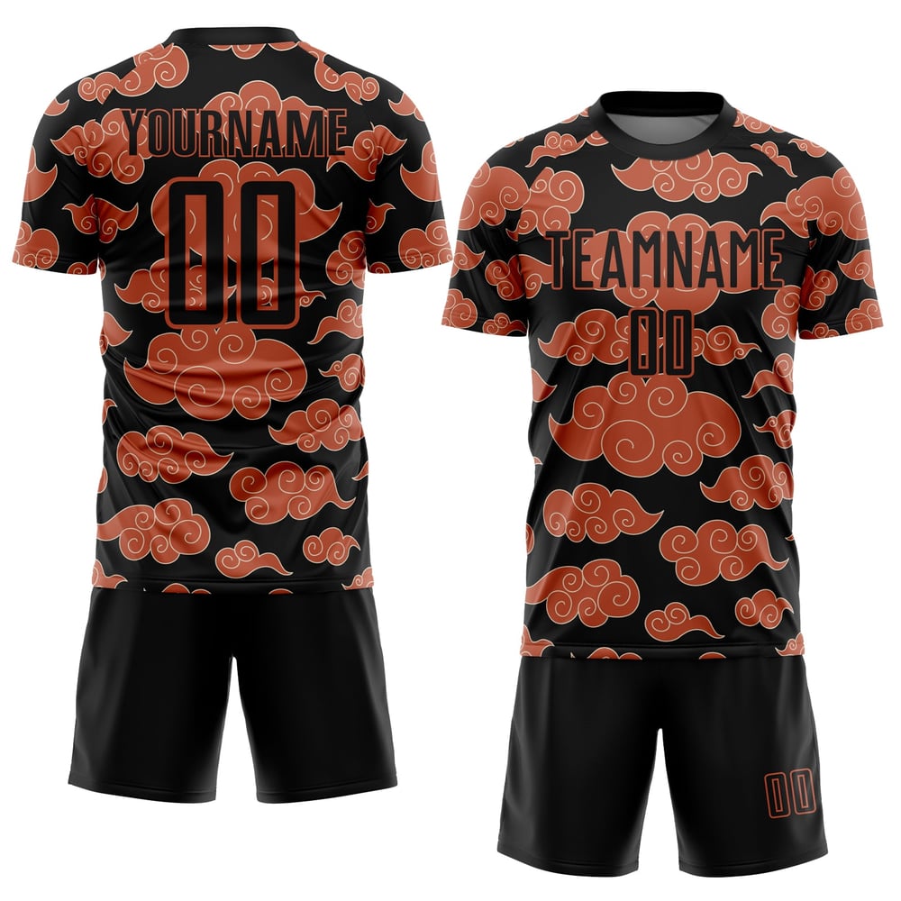 Camiseta de fútbol personalizada con patrón naranja de sublimación, uniforme negro nube