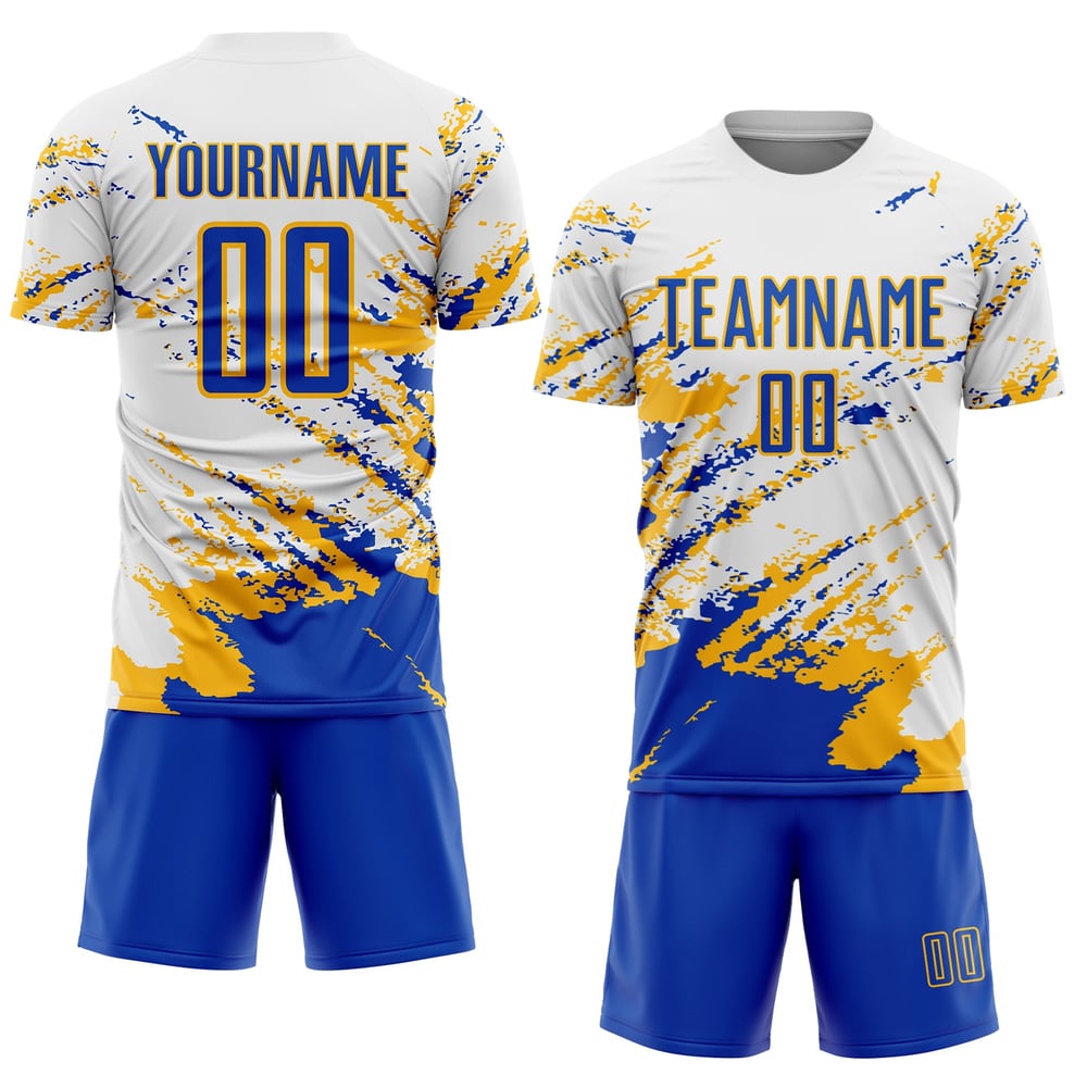 Uniform Art Blå-Guld Fragment Fotboll Splash Thunder Vit Abstrakt Sublimering Anpassad Tröja