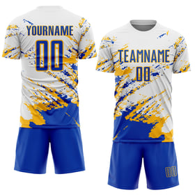Uniform Art Blå-Guld Fragment Fotboll Splash Thunder Vit Abstrakt Sublimering Anpassad Tröja