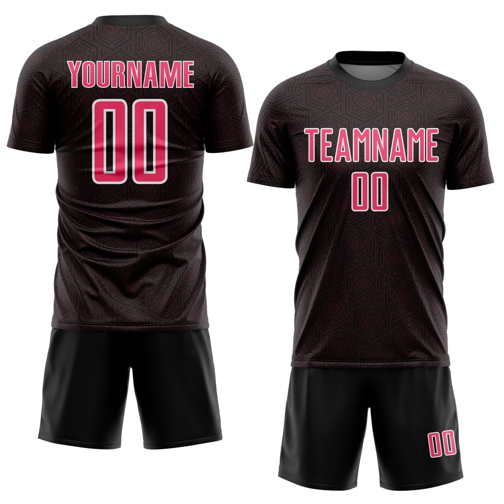 Maglia da calcio con stampa geometrica a sublimazione, uniforme, personalizzata, rosa-bianco, nera