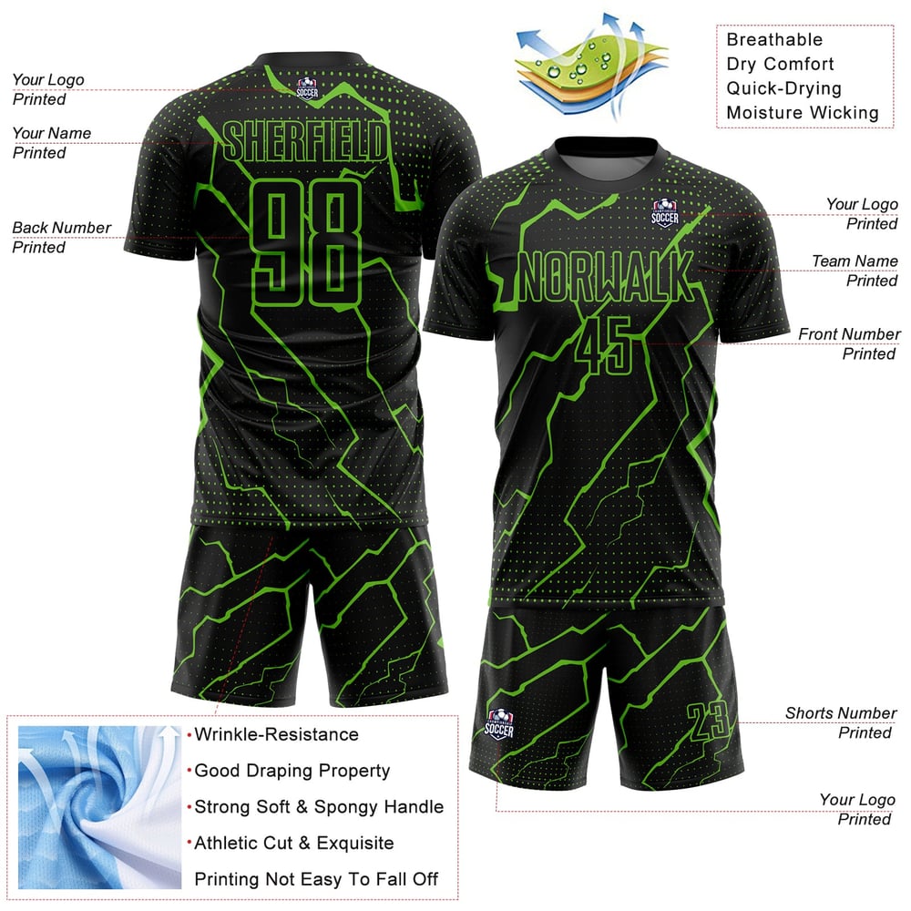 Custom Aurora Black Sublimation Jersey Green Uniform Lightning Soccer