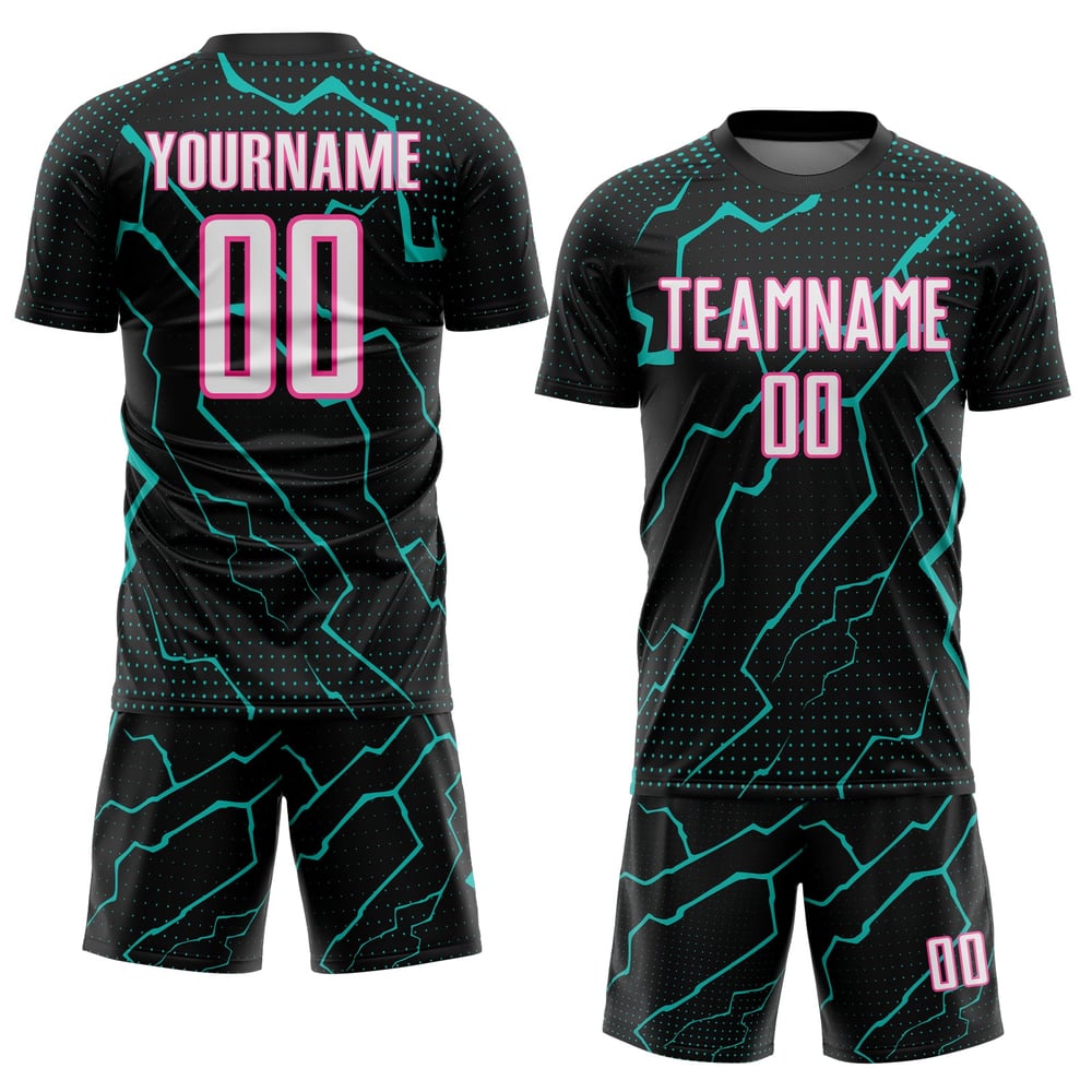 Maglia sportiva personalizzata con stampa sublimatica rosa acqua nera Lightning Soccer White