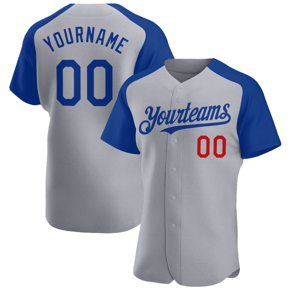 Camiseta de béisbol raglán roja real con mangas auténticas, gris, personalizada