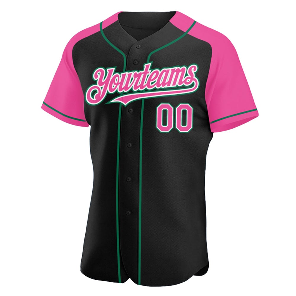Pink-Kelly Raglan Sleeves Baseball Jersey Custom Green Black Authentic