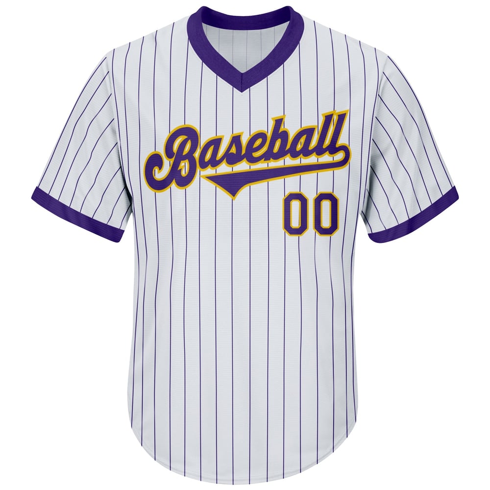 Maglia autentica personalizzata da baseball retrò bianca a righe viola-oro a coste viola