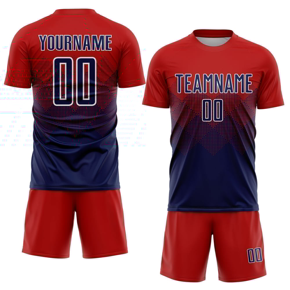 Maillot de football personnalisé à sublimation rouge, bleu marine et blanc