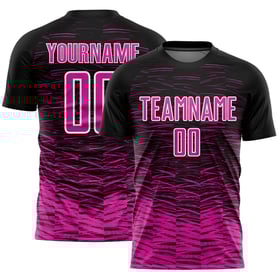 Camiseta de fútbol de sublimación rosa-blanca de línea negra, uniforme profundo personalizado