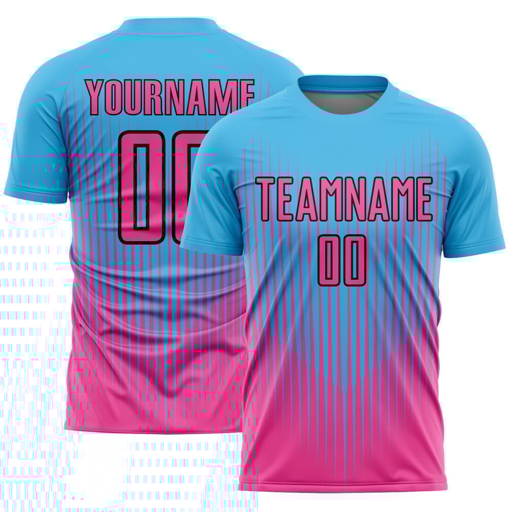 Camiseta de sublimación personalizada Sky Soccer Uniforme Rosa-Negro Líneas Azul