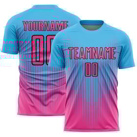 Camiseta de sublimación personalizada Sky Soccer Uniforme Rosa-Negro Líneas Azul