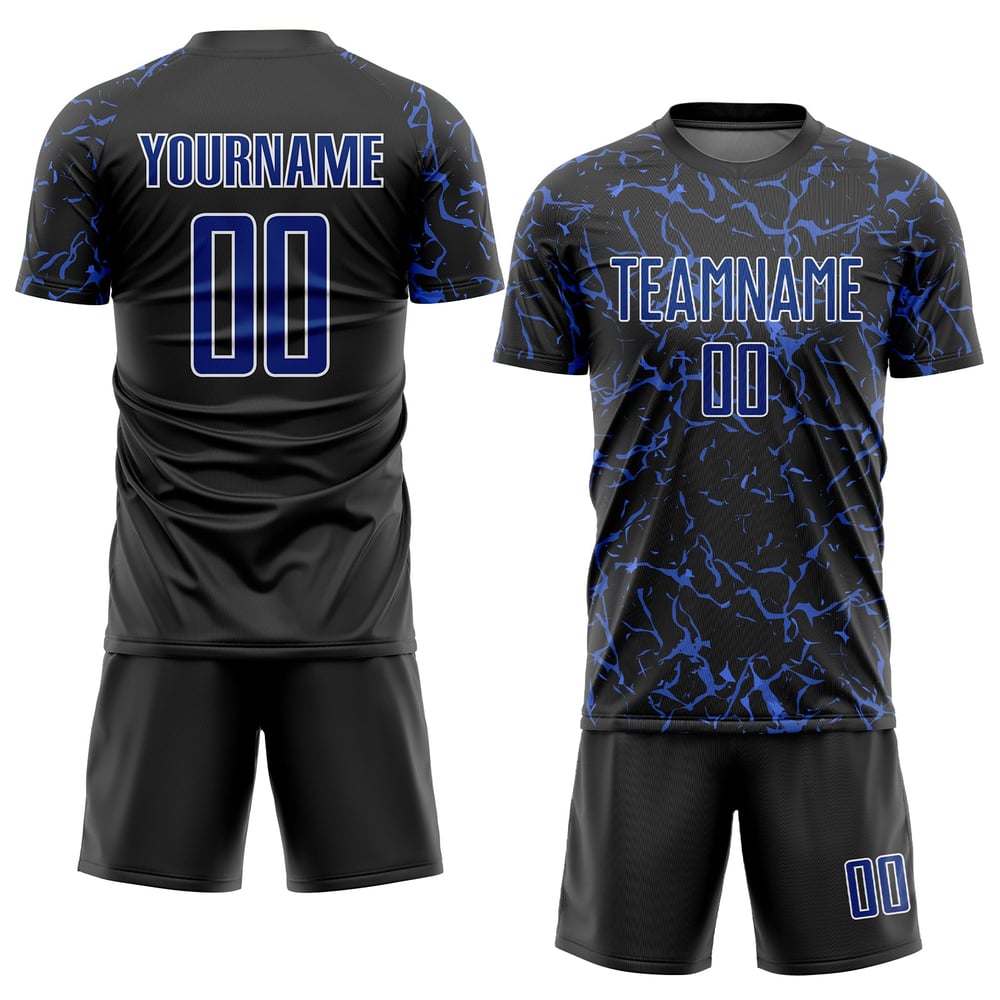 Uniforme de fútbol de sublimación, camiseta personalizada negra azul y blanca