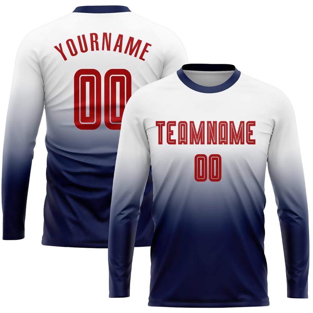 Red-Navy Fade Uniform Sleeve Fashion White Soccer Long Sublimation Jersey Custom