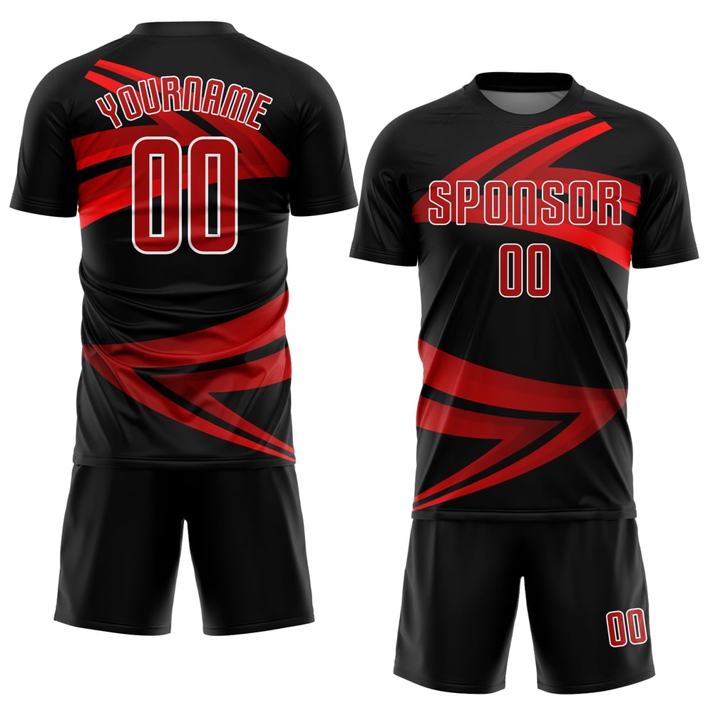 Camiseta de fútbol personalizada con sublimación en rojo, blanco y negro