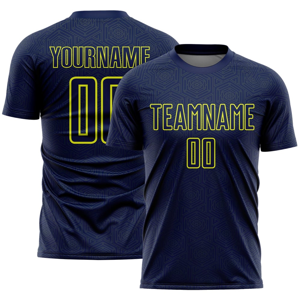Maglia da calcio blu navy personalizzata con stampa a sublimazione al neon, forma geometrica, colore giallo sportivo