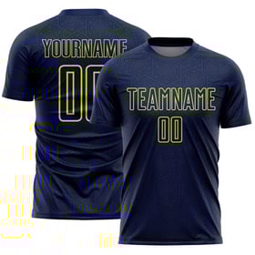 Maglia da calcio blu navy personalizzata con stampa a sublimazione al neon, forma geometrica, colore giallo sportivo