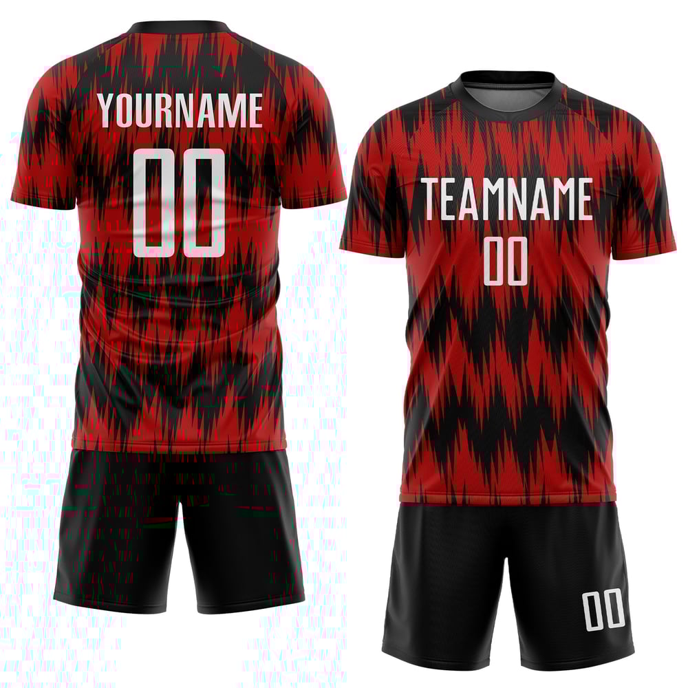 Camiseta de fútbol personalizada de sublimación, uniforme rojo, blanco y negro