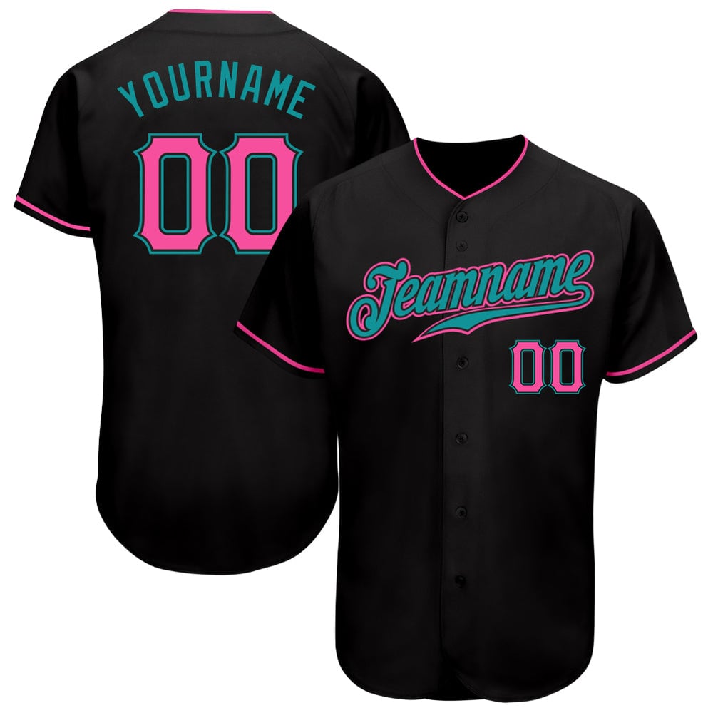 Camiseta de béisbol auténtica rosa y verde azulado, negra y personalizada