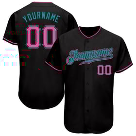 Camiseta de béisbol auténtica rosa y verde azulado, negra y personalizada