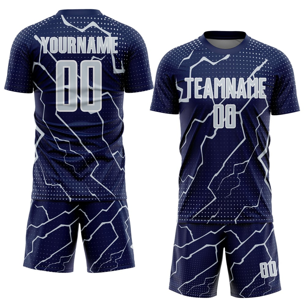 Maglia sportiva personalizzata da calcio Lightning in sublimazione blu navy argento-bianco