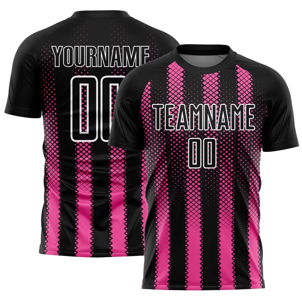 Geometrische benutzerdefinierte Form Schwarz Sublimation Jersey Pink-Weiß Fußballuniform