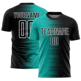 Uniforme de sublimación blanco aguamarina, personalizado, línea de degradado, fútbol negro