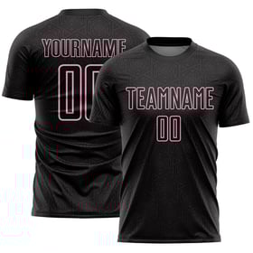 Maglia da calcio nera da uniforme sportiva, stampa geometrica rosa, stampata a sublimazione leggera, forma personalizzata