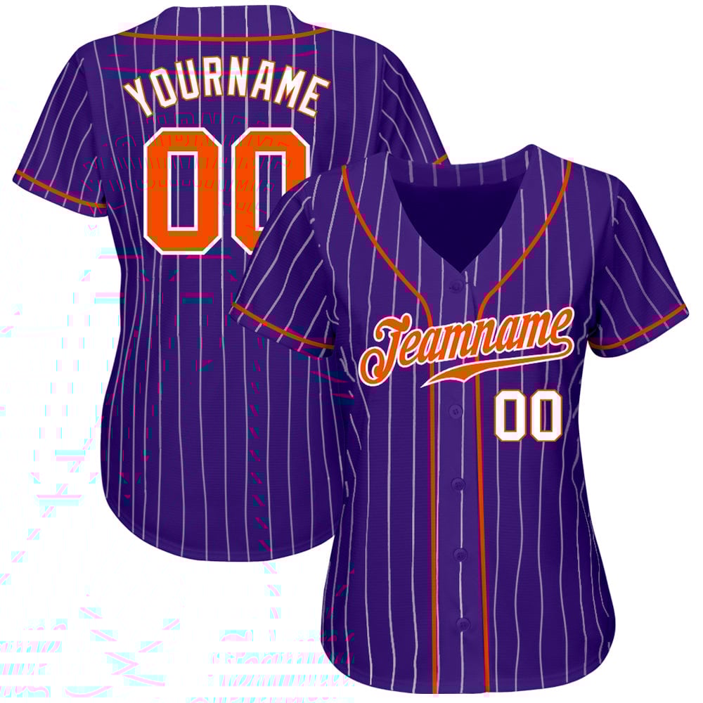Camiseta de béisbol morada auténtica personalizada con rayas blancas y naranjas
