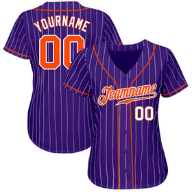 Camiseta de béisbol morada auténtica personalizada con rayas blancas y naranjas