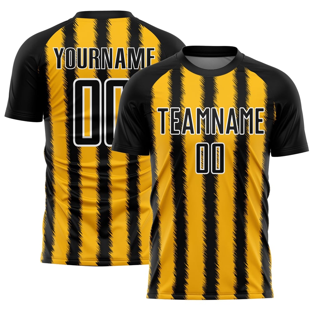 Camiseta de fútbol personalizada con sublimación de líneas negras, doradas y blancas
