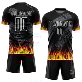 Camiseta de fútbol personalizada por sublimación, color negro llama, rojo y dorado