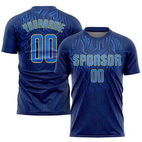 Maillot de football personnalisé bleu marine, royal et doré, sublimé