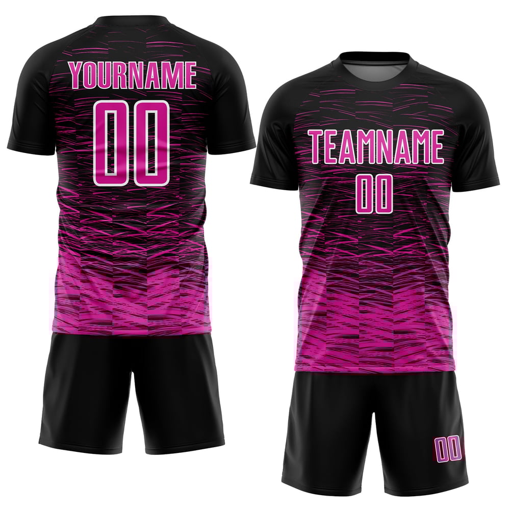 Camiseta de fútbol de sublimación rosa-blanca de línea negra, uniforme profundo personalizado