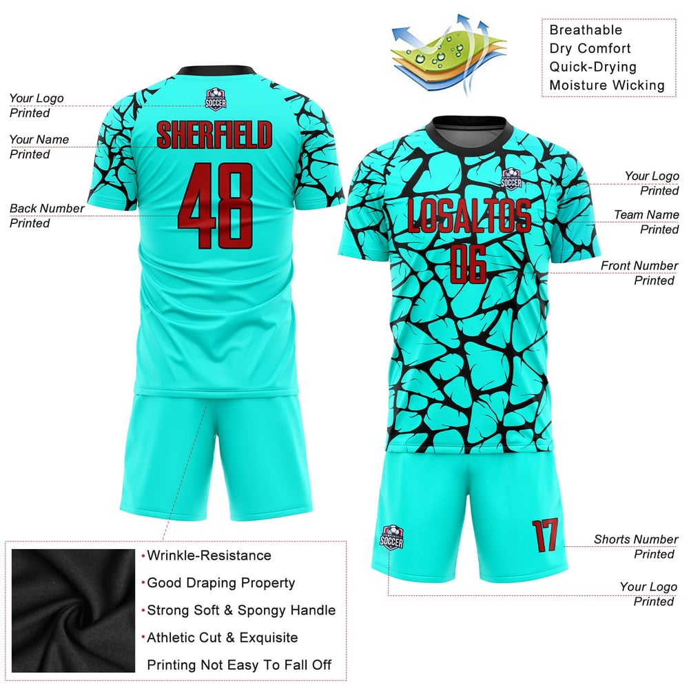 Sublimation Red-Black Soccer Uniform Jersey Aqua Custom