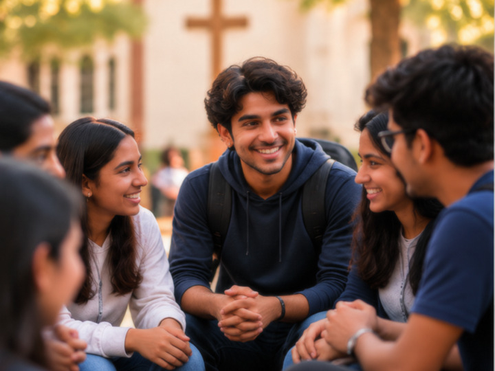 Young people talking and laughing together outside a church