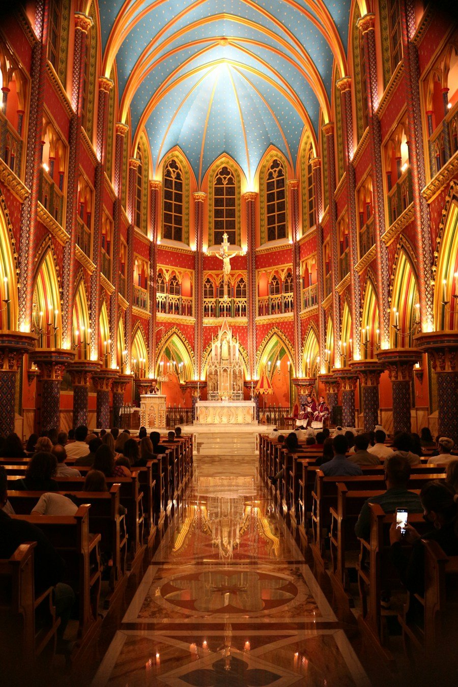 Golden arches of a cathedral nave