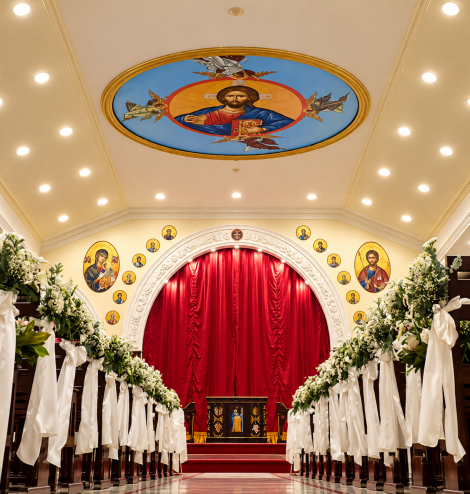 Church interior with pews and stained glass