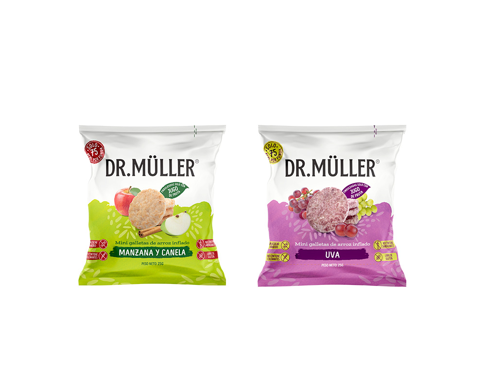 CAJA DR.MULLER MINI GALLETAS SURTIDAS UVA ROJA Y MANZANA CANELA 25G - CAJA 32 UNIDADES