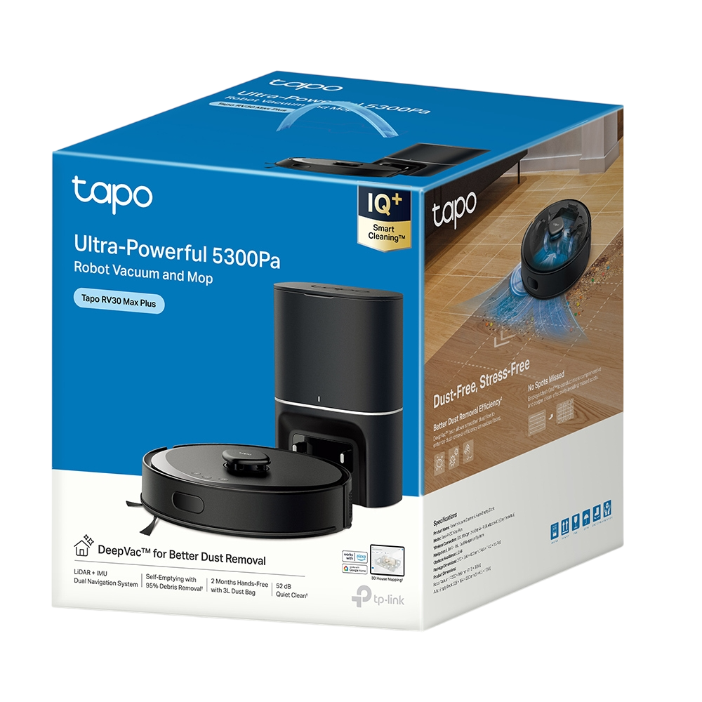 ASPIRADORA ROBOT TP-LINK TAPO RV30 MAX PLUS TRAPEADOR SLIM 5300PA SMART CONTROL POR VOZ 45 NIVELES NEGRA