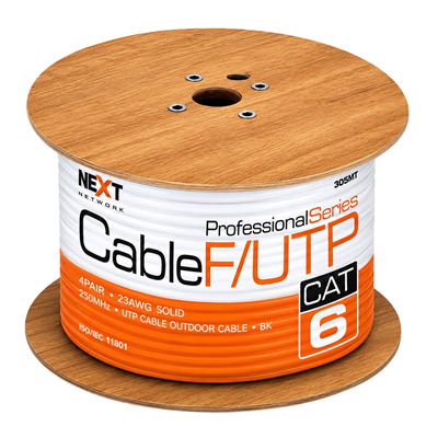 ROLLO DE CABLE F/UTP NEXXT CERTIFICADO 100 COBRE CAT 6 305M 10/100/1000 GIGABIT PARA EXTERIOR COLOR NEGRO BLINDADO DOBLE CHAQUETA 4PAIR 23AWG SOLID