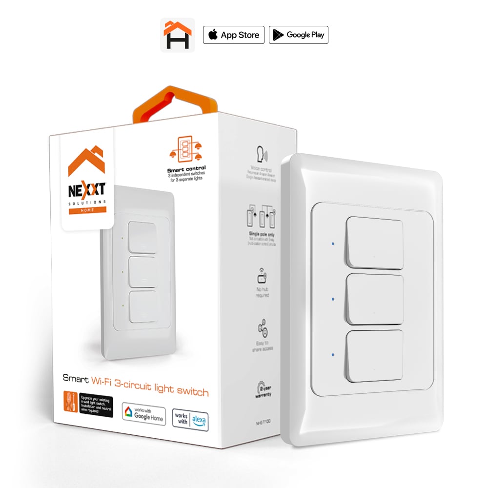 INTERRUPTOR NEXXT HOME DE 3 CIRCUITOS WIFI-ALEXA-GOOGLE ASSIST.-IOS/ANDR.